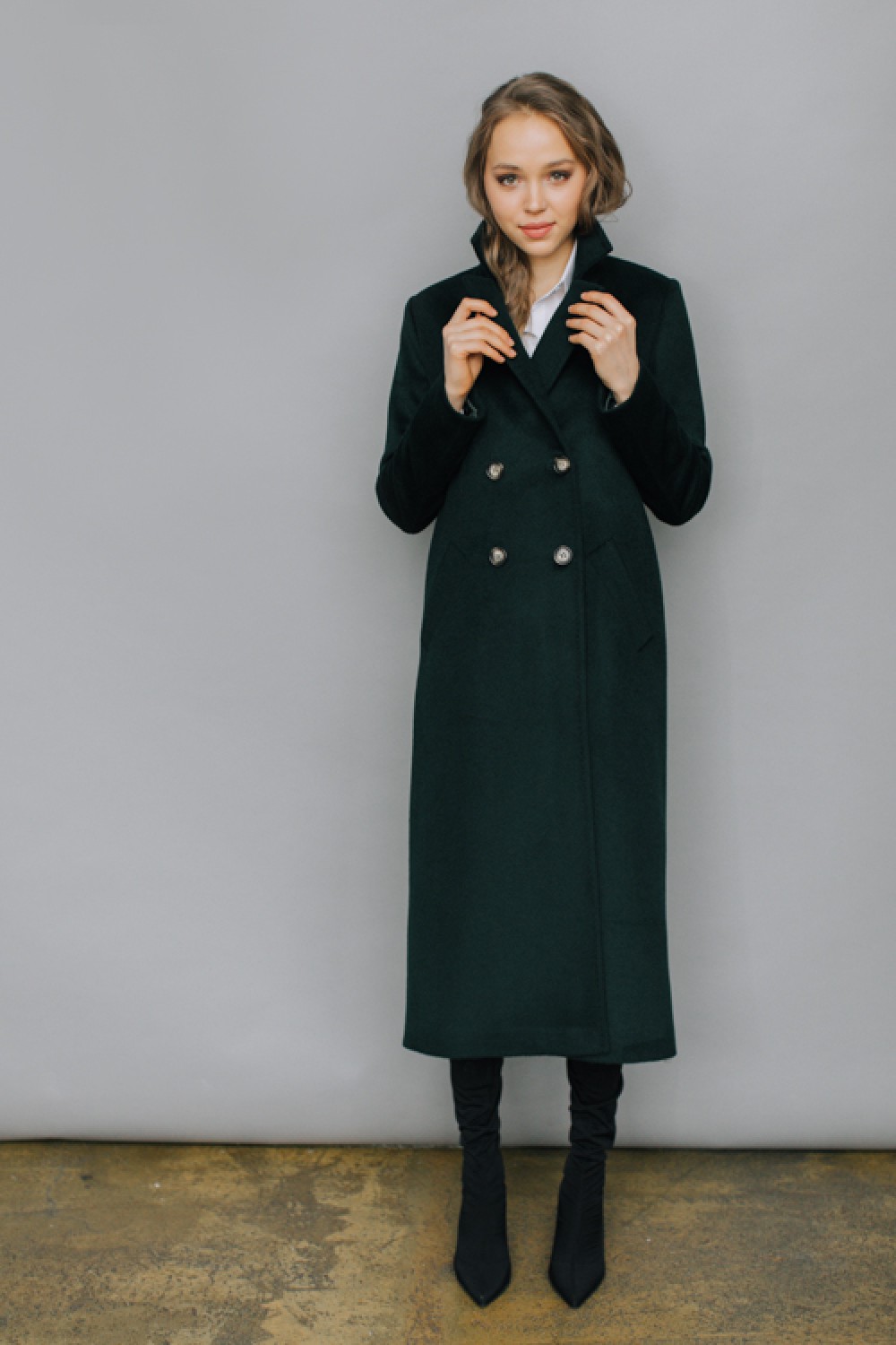 Двубортное длинное пальто А-силуэта AS071