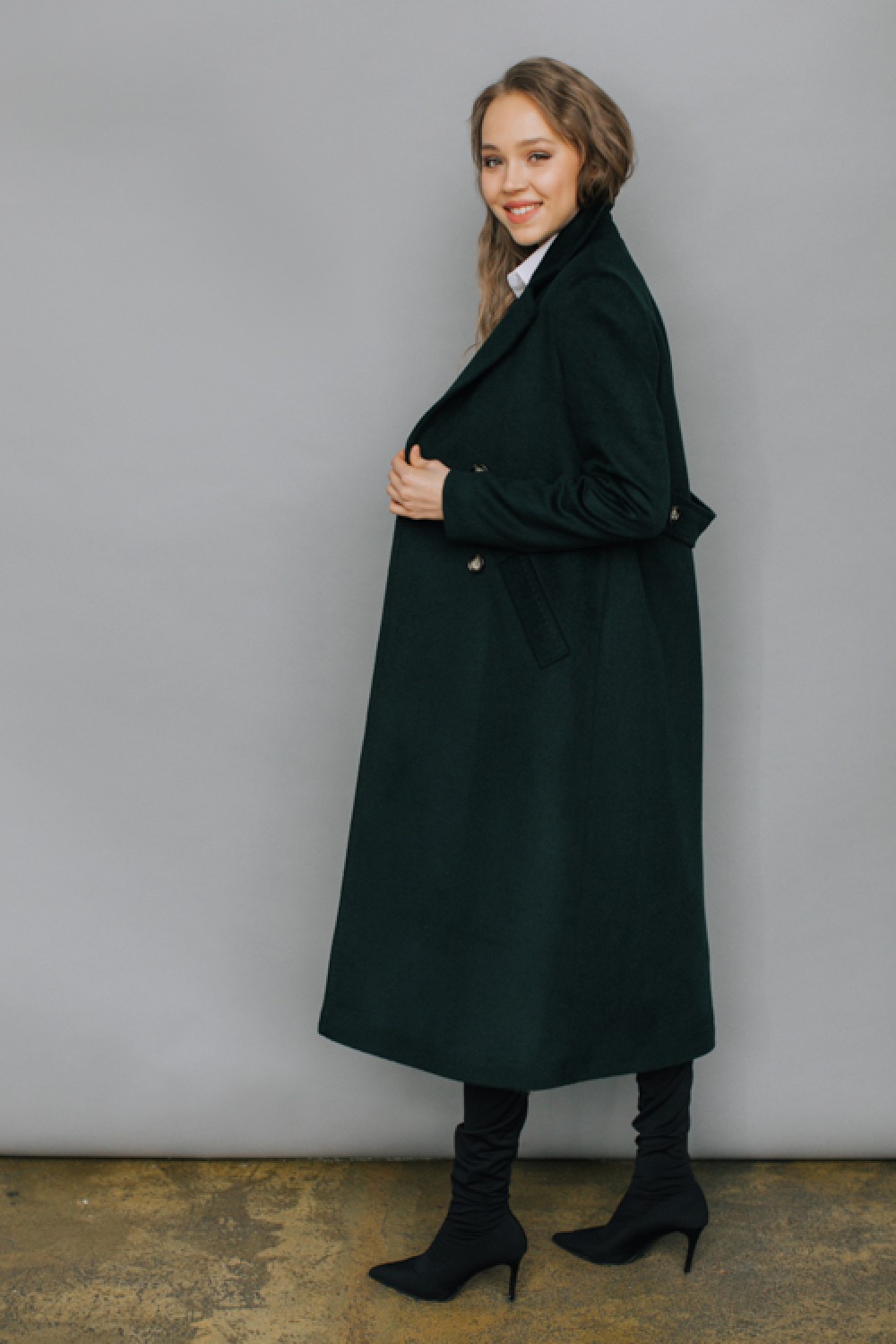 Двубортное длинное пальто А-силуэта AS071